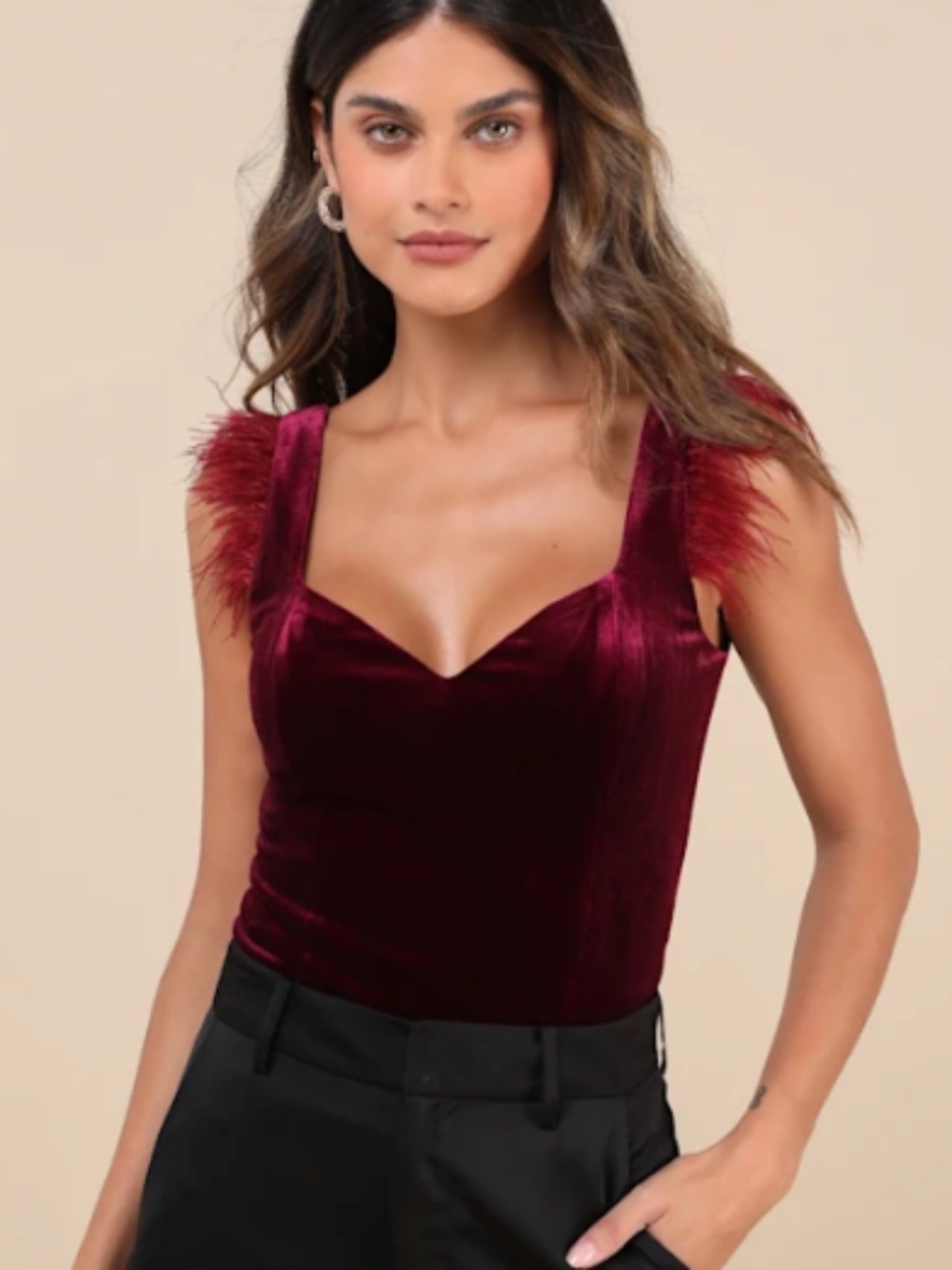 LULU's Sexy Flirty Feather Chic Holidays Red Velvet Night Out Bodysuit